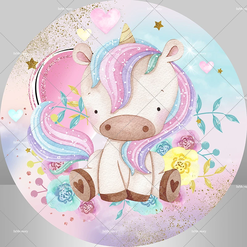 Unicorn Birthday Decor Background Photography Pastel Rainbow Unicorn Round Circle Backdrop Newborn Baby Shower Cylinder Cover