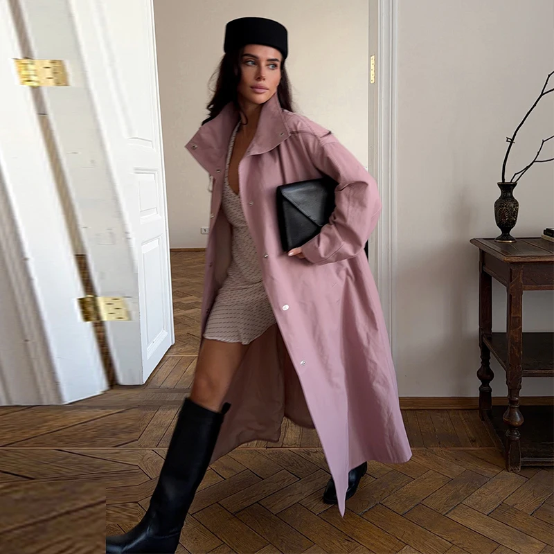 Damen Lange Jacken mit Stehkragen, Einreihige Oversize-Trenchcoats, Street-Style Damenmantel mit Langen Ärmeln, Einfarbig und Locker Geschnitten, Neue Oberbekleidung – Detail 19