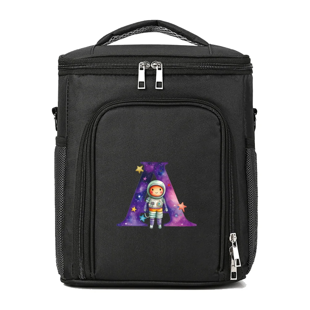 Lunch Box Reusable Lunch Bag Outdoor Insulated Black Tote Bags 2024 Astronaut Letter Pattern Waterproof Leak-proof Handheld Bag