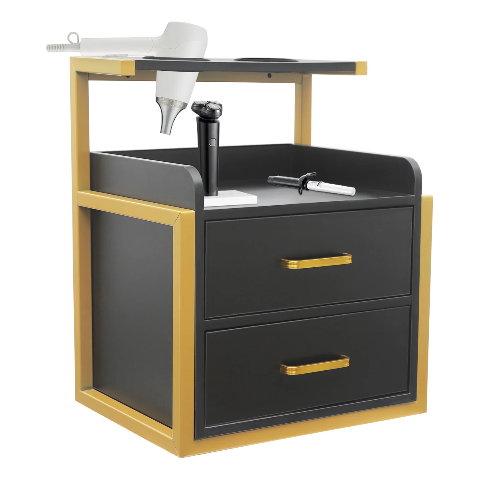 Gold Black Modern Rectangular Wall Mounted Salon Storage Cabinet Density Board Iron Paint Free Board 2 Drawers 50KG Load Capacity Wall Hanging Organizer Cabinet For Hair Salon Barber Shop Spa Bathroom Bedroom Bedside Storage view 8