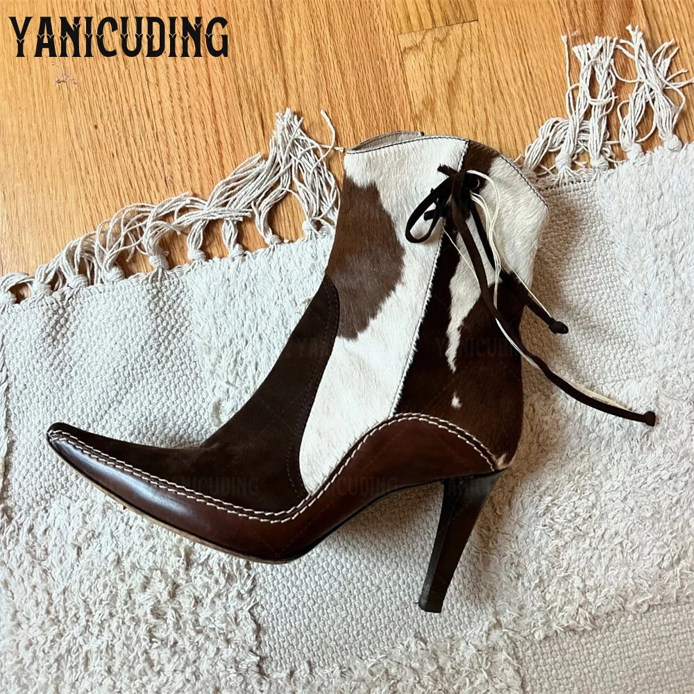 

Vintage Pointed Toe Ankle Boots Pony Hair Patchwork Western Cowboy Boots Designer Style Retro Style Handmade Booties for Women