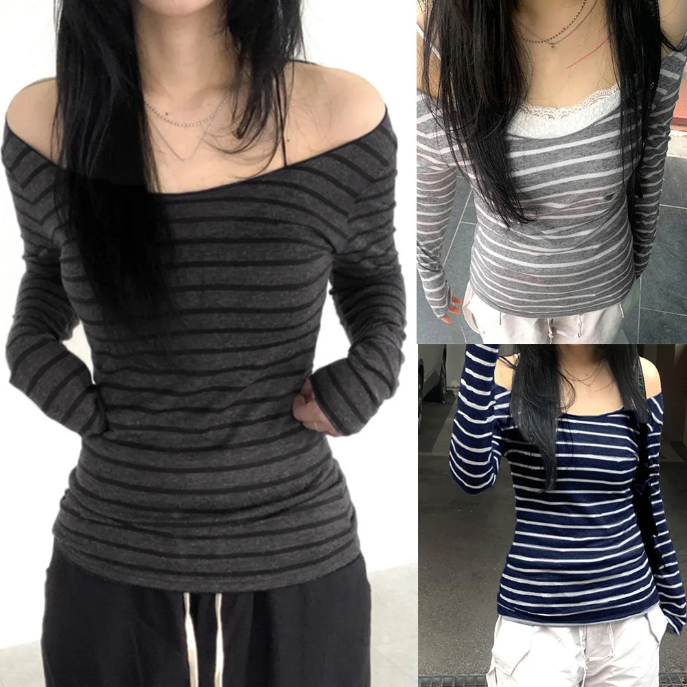 

Women Spring Summer Simple Striped Blouse One Shoulder Lightweight Hooded Sweater Knitted Long Sleeved Top