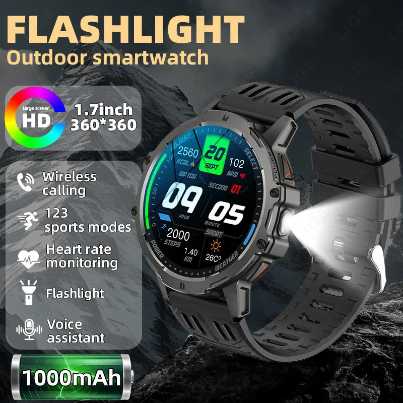 

LIGE Smart Watch Military Men 1000mAh Large Battery Flashlight Health Monitoring Waterproof Heart Rate Bluetooth Call Smartwatch