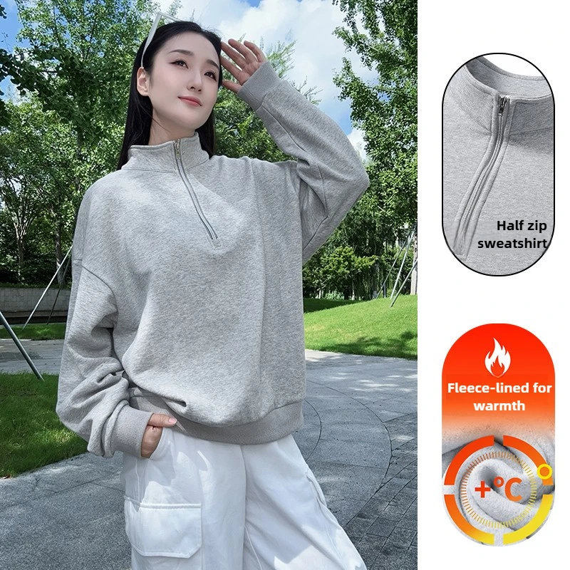 

Unisex Half-Zip Fleece Lined Hoodie, Oversized Stand Collar Figure-Flattering Workout Top