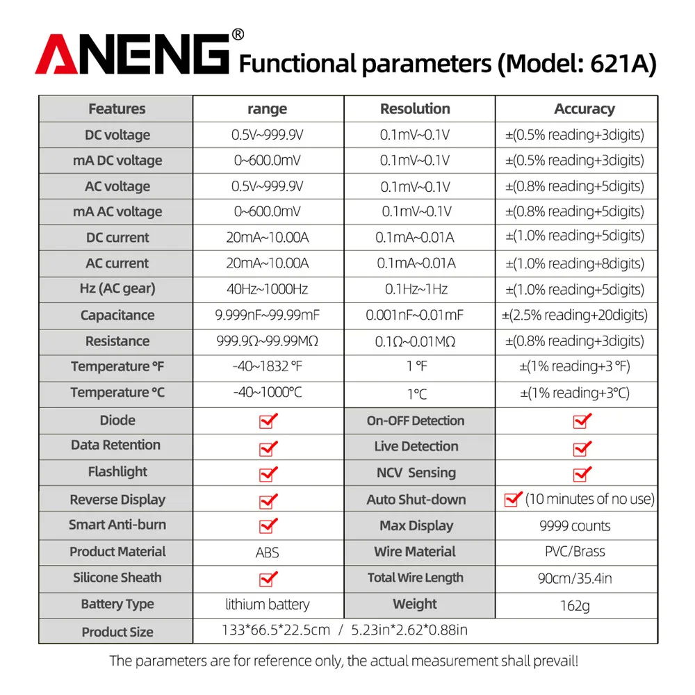 ANENG 621A Multimeter Rechargeable Multifunctional 9999 Counts Digital Smart AC/DC Votage Current Electricians Test Tools