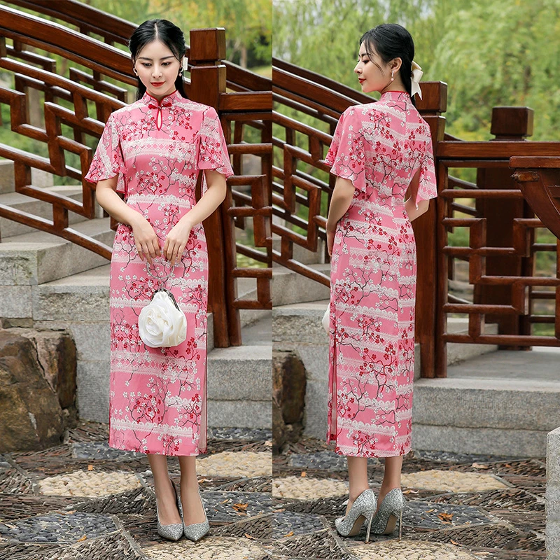 

Pink Trumpet Sleeve Qipao Silk Women Long Cheongsam Printing Flowers Mandarin Collar Dress Vestidos Summer Vintage Clothes