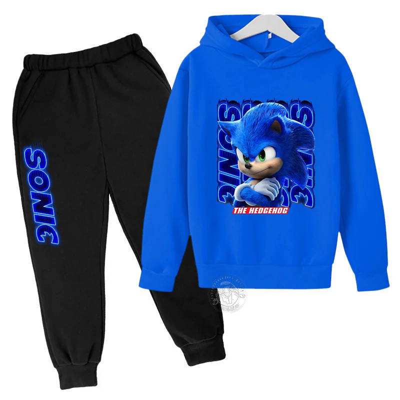 Children's Anime Cartoon Sonic Letter Printed Autumn/Winter Warm Two Piece Hoodie+Pants Sports Set for Boys and Girls Aged 3-13