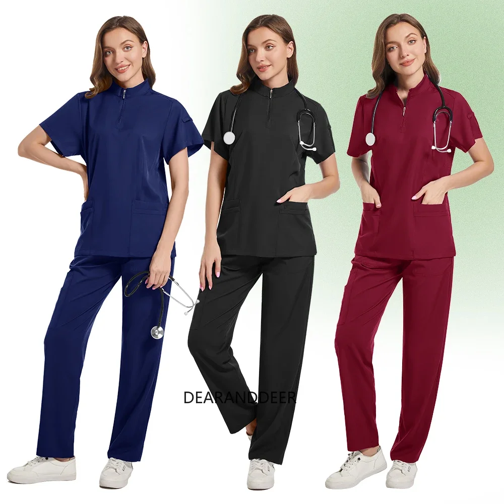 Comfortable and breathable fashionable slim-fit short-sleeved V-neck top  pants matte jogger doctor nurse medical uniform set