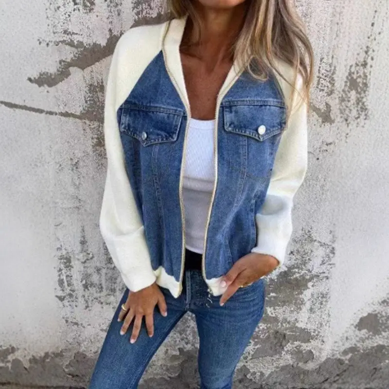 

Модное джинсовое пальто в стиле пэчворк с длинными рукавами и молнией, женское шерстяное пальто Весна 2025 W347