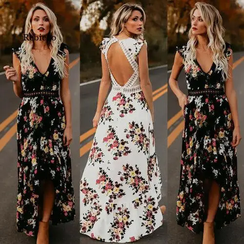 Verão novo feminino elegante vintage boho longo maxi vestido sexy sem costas festa praia vestido floral