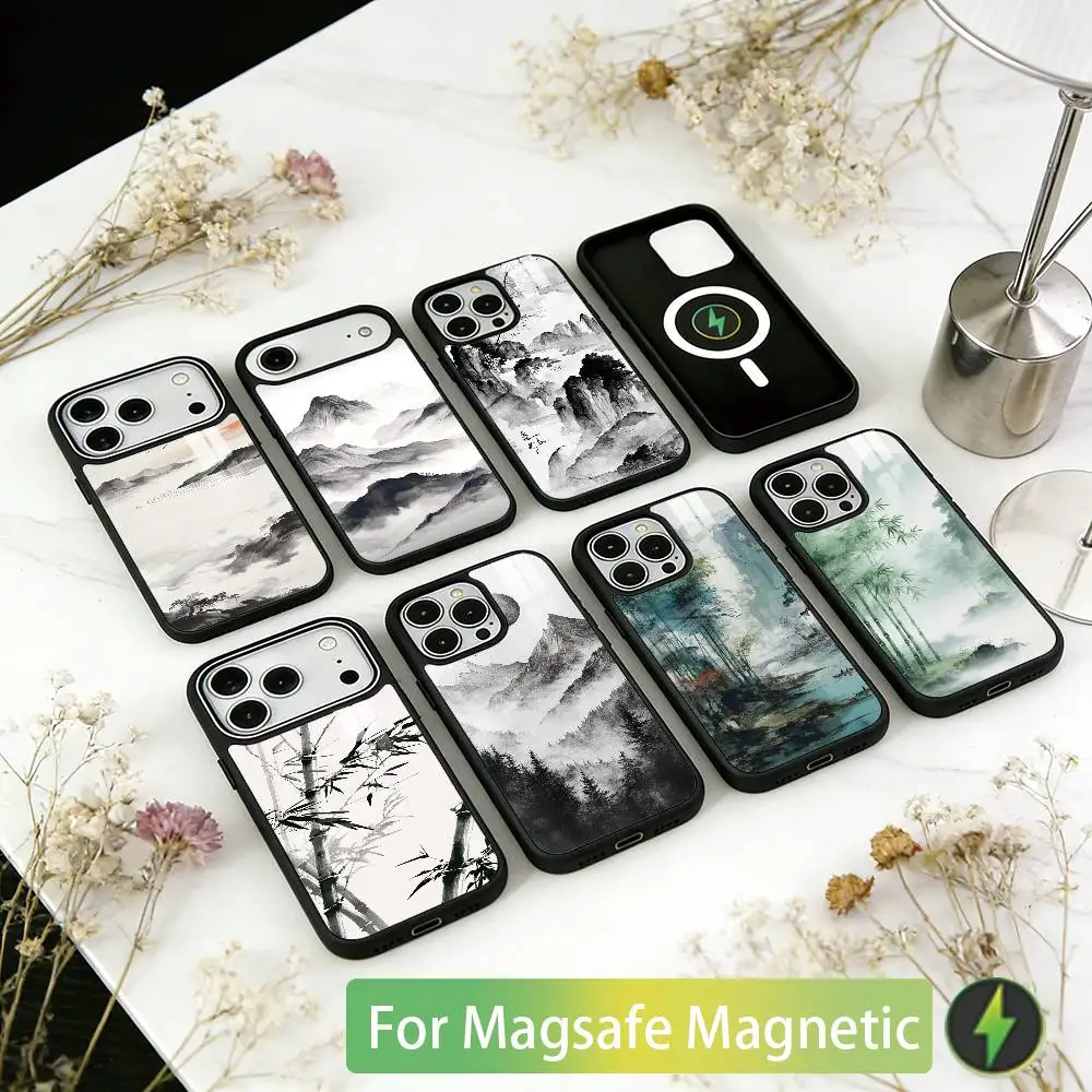 

Классический китайский пейзажный чехол для iPhone 17, 16, 15, 14, 13, 12, 11 Plus, Pro, магнитный, для беспроводной зарядки Magsafe