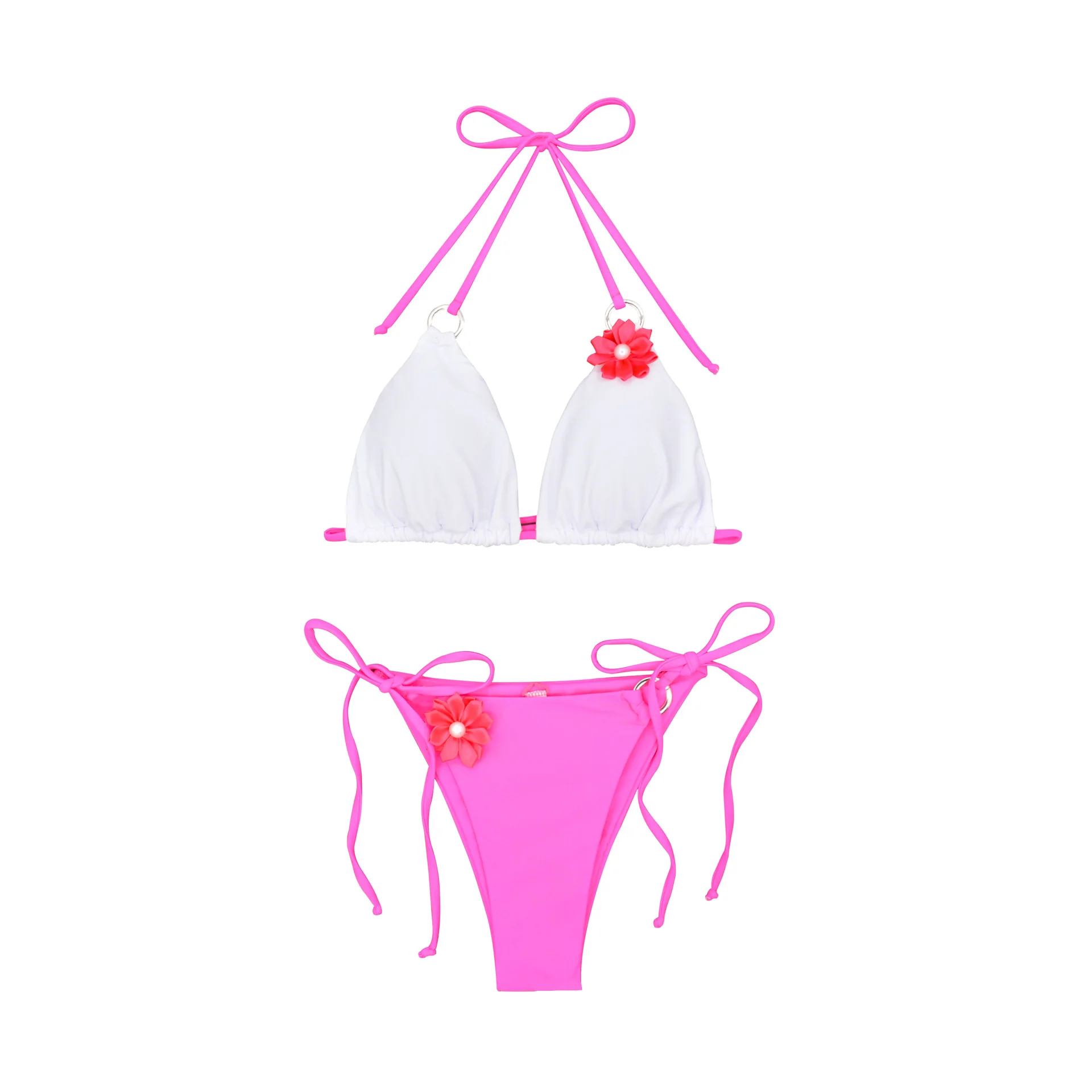 

sexy 3D pearl flower halter string bikinis sets two pieces patchwork back tie padded thong swimwear female bathing suit biquini