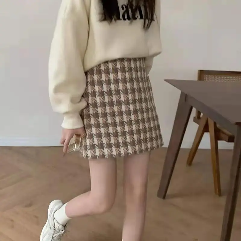 Autumn Skirts Women Cozy Elegant Stylish Empire Retro Houndstooth A-line Design Femme Comfortable Leisure Hot Sale Mini Faldas