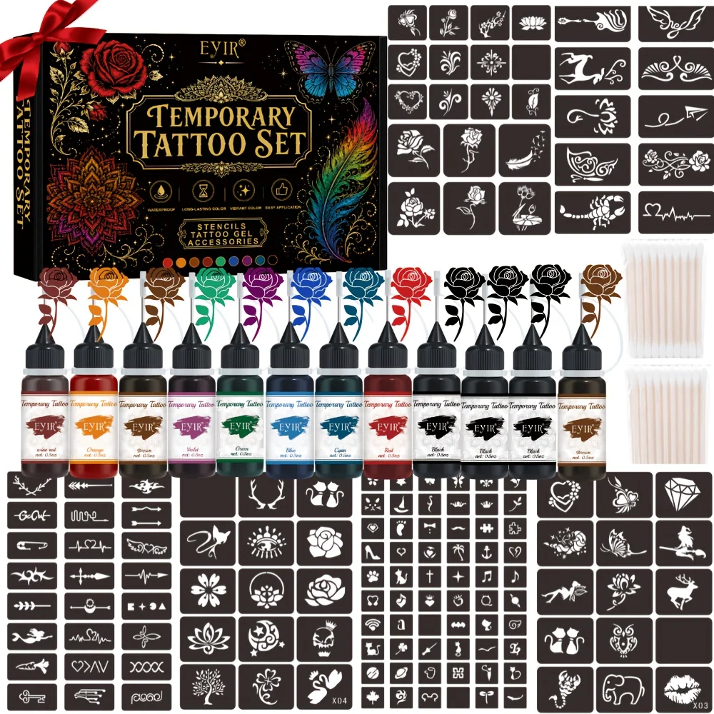 Kit de tatouage temporaire au henné 12 couleurs avec pochoirs, encre imperméable pour art corporel DIY, coffret cadeau pour fêtes et festivals