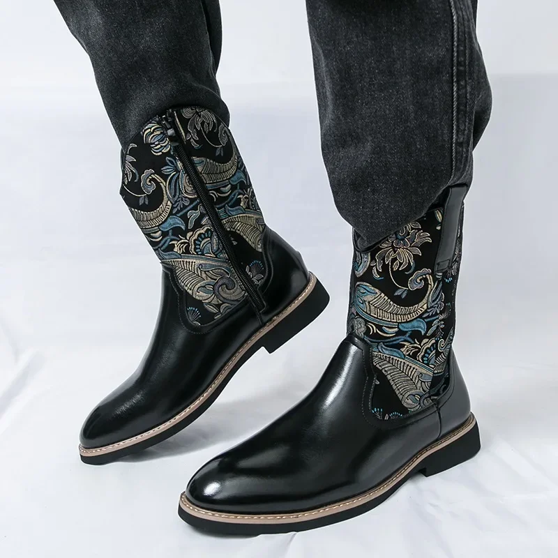 أحذية رعاة البقر الغربية عالية الجودة للرجال مصمم عصري للرجال أحذية تشيلسي مطرزة يدويًا على الطراز العرقي أحذية غير رسمية بوتاس