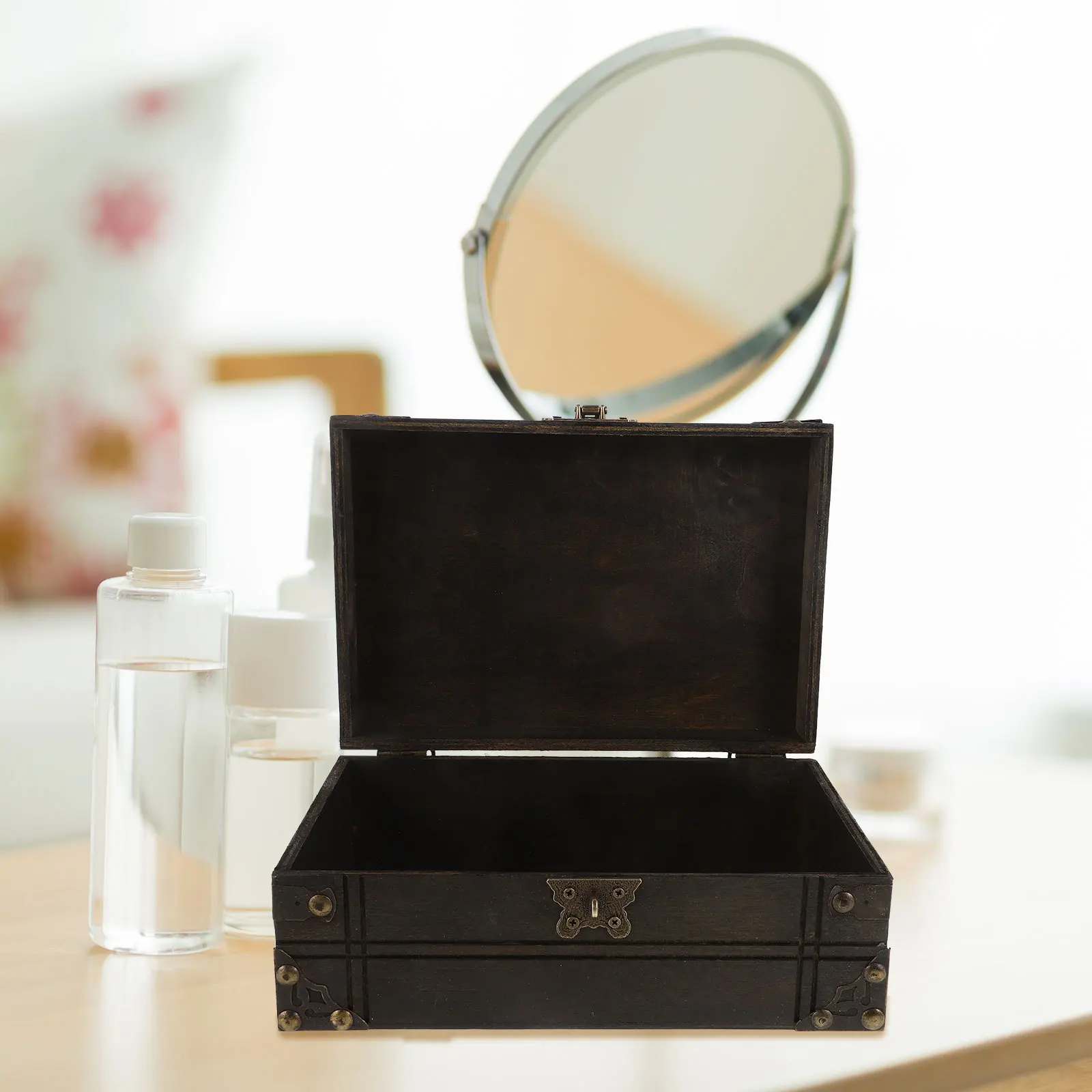 

Vintage Wooden Storage Box Dark Brown Retro Treasure Chest for Jewelry Makeup Organization Rustic Home Decor Room