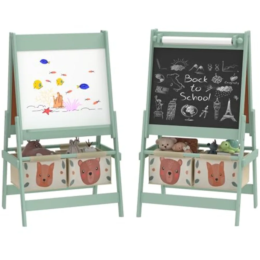 

Art Easel for with Paper Roll 3 in 1 Toddler Painting Easel with Blackboard Whiteboard Storage Baskets Green Fox and Bear