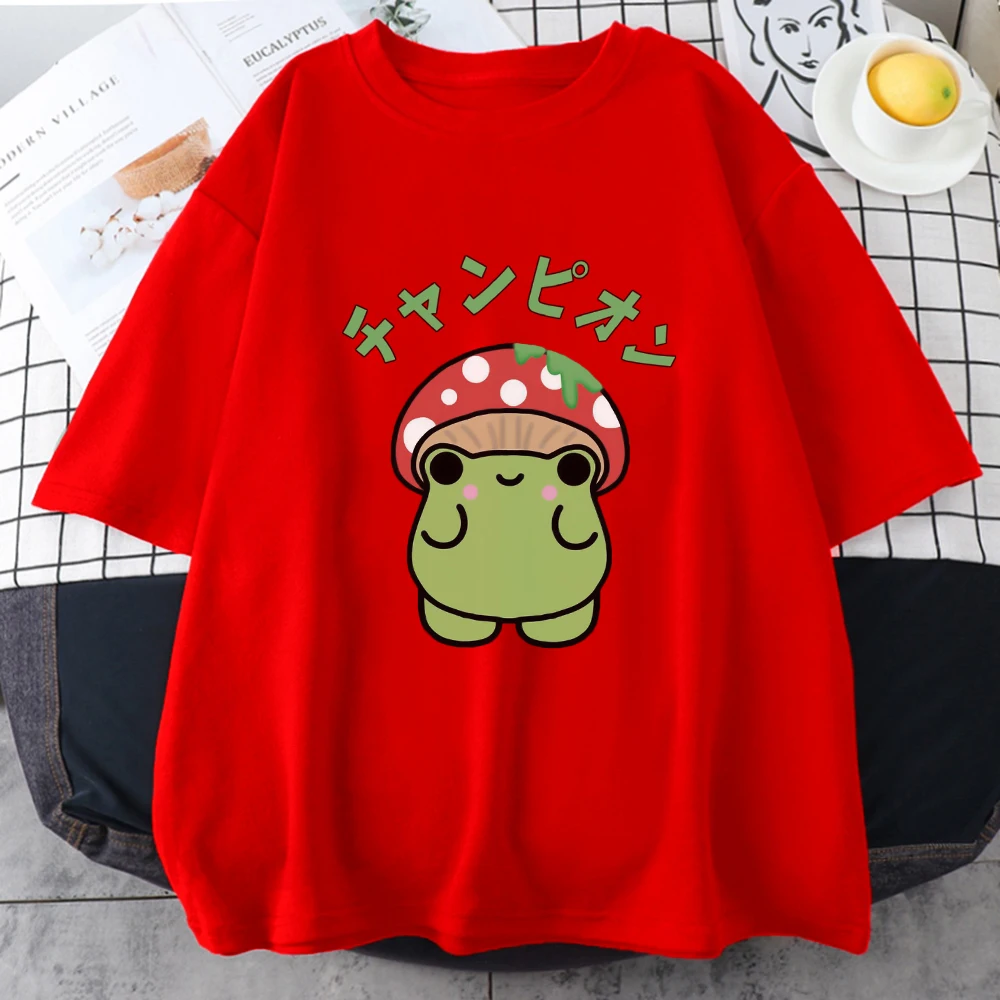 Bonito vestindo cogumelos sapo manga curta puro algodão t camisa feminina engraçado impresso verão solto topos casuais t harajuku ulzzang