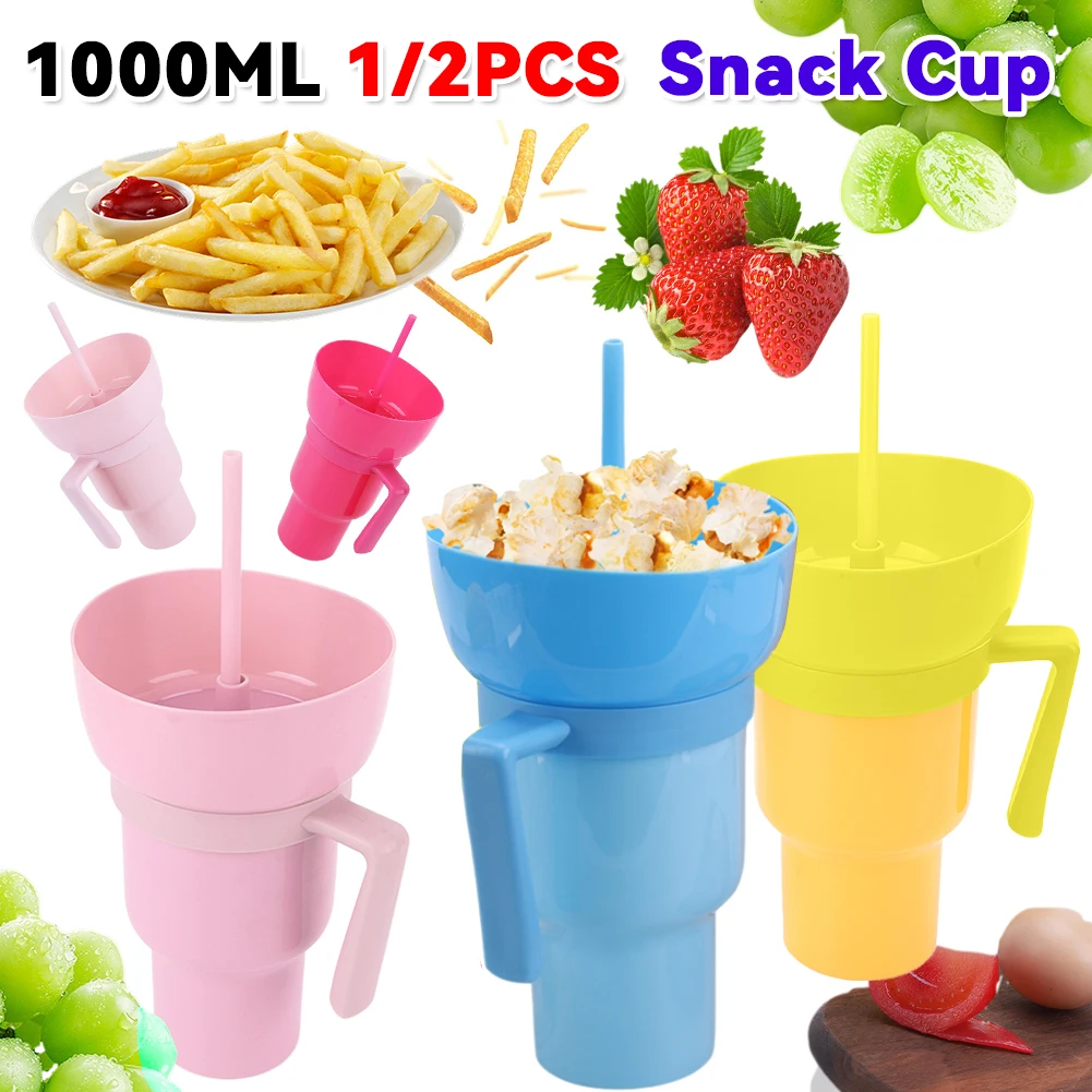 1000 ml 2-in-1-Popcorn-Getränkebecher, auslaufsicher, mit Griff, Strohhalm, Stadionbecher, Mehrzweck-Popcorn-Snackbecher, Kaffeebecher