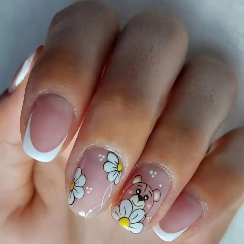 Uñas postizas redondas cortas para Ballet francés, 24 piezas, tiras de flores y mariposas, estrellas, cobertura completa