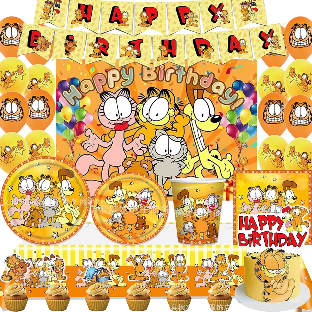 【セール中】漫画-ガーフィールド&猫のテーマ誕生日パーティー用品使い捨て食器黄色の風船プレートカップ背景子供子供ギフト用
