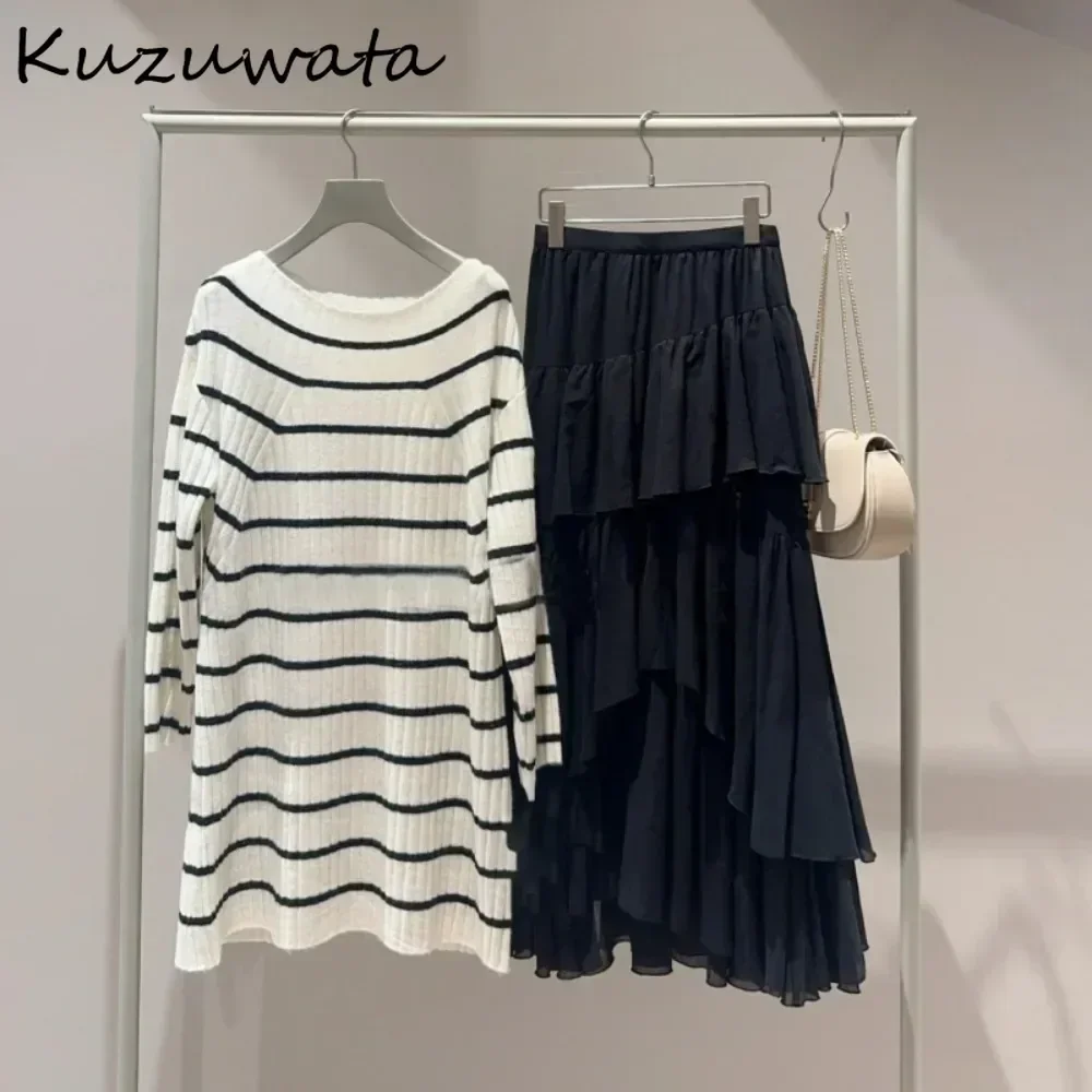 Kuzuwata New Slash Neck Long Sleeve Loose Dress Off Shoulder Stripe Mid-length Robe Japan Knit Slim Fit Sweet Pullover Vestidos