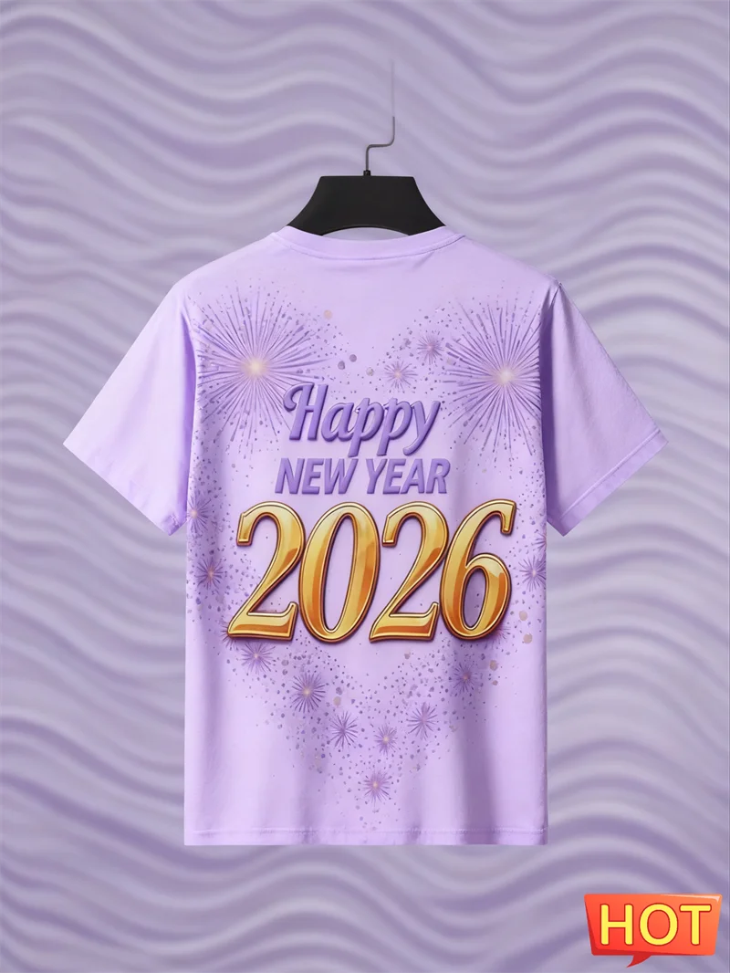 2026 سنة جديدة سعيدة خطابات تي شيرت الموضة العصرية الرجال النساء الألعاب النارية نجوم ثلاثية الأبعاد مطبوعة تي شيرت فضفاض الشارع الشهير طاقم الرقبة تيز #2