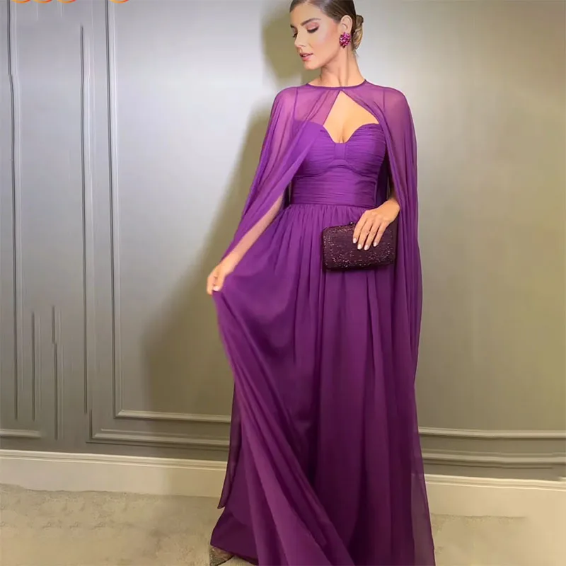 

2024 Elegant Long Purple Evening Dress Chiffon Floor Length Formal Prom Party Gown Pleats Women Dresses With Cape