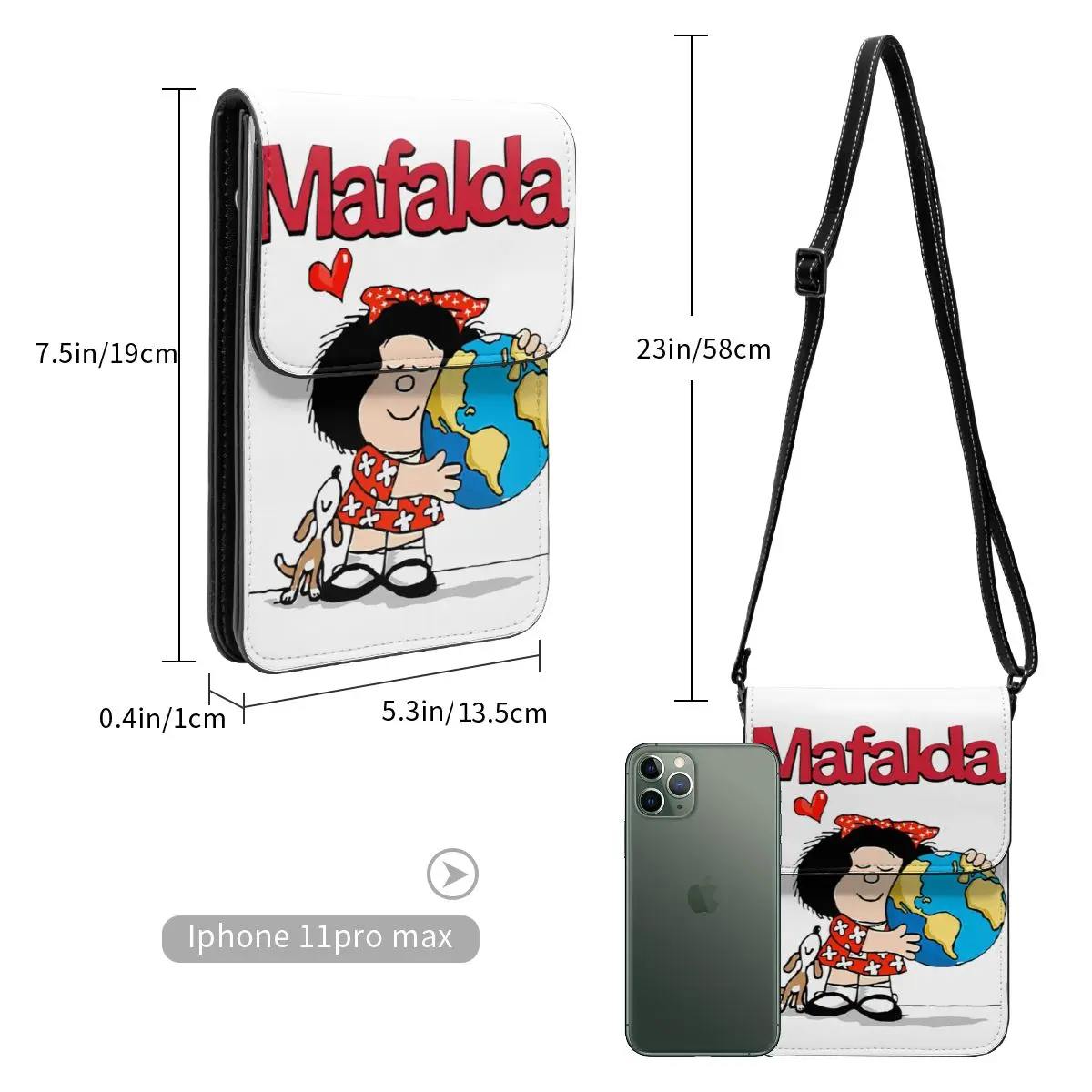 Mafalda غلوب الجلود الهاتف الخليوي محفظة البضائع العصرية للجنسين Mafalda العالم ولها جرو حقيبة كروسبودي حامل بطاقة المحمولة