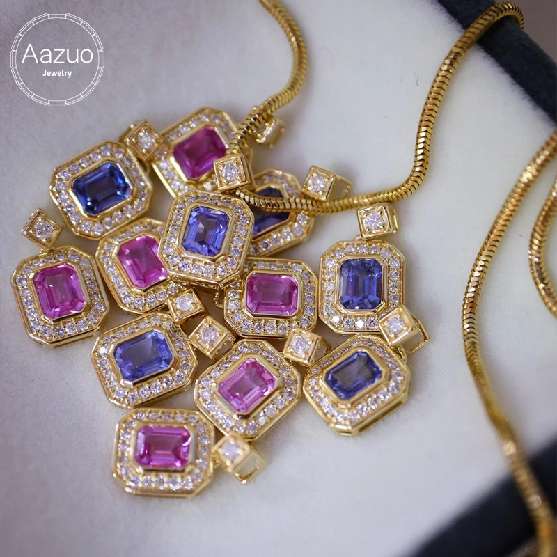 

Aazuo Luxury 18K Yellow Gold Real Diamonds Natural Ruby Blue Sapphire Square Shape Only Pendent Gifted for Women Au750 18 Inch