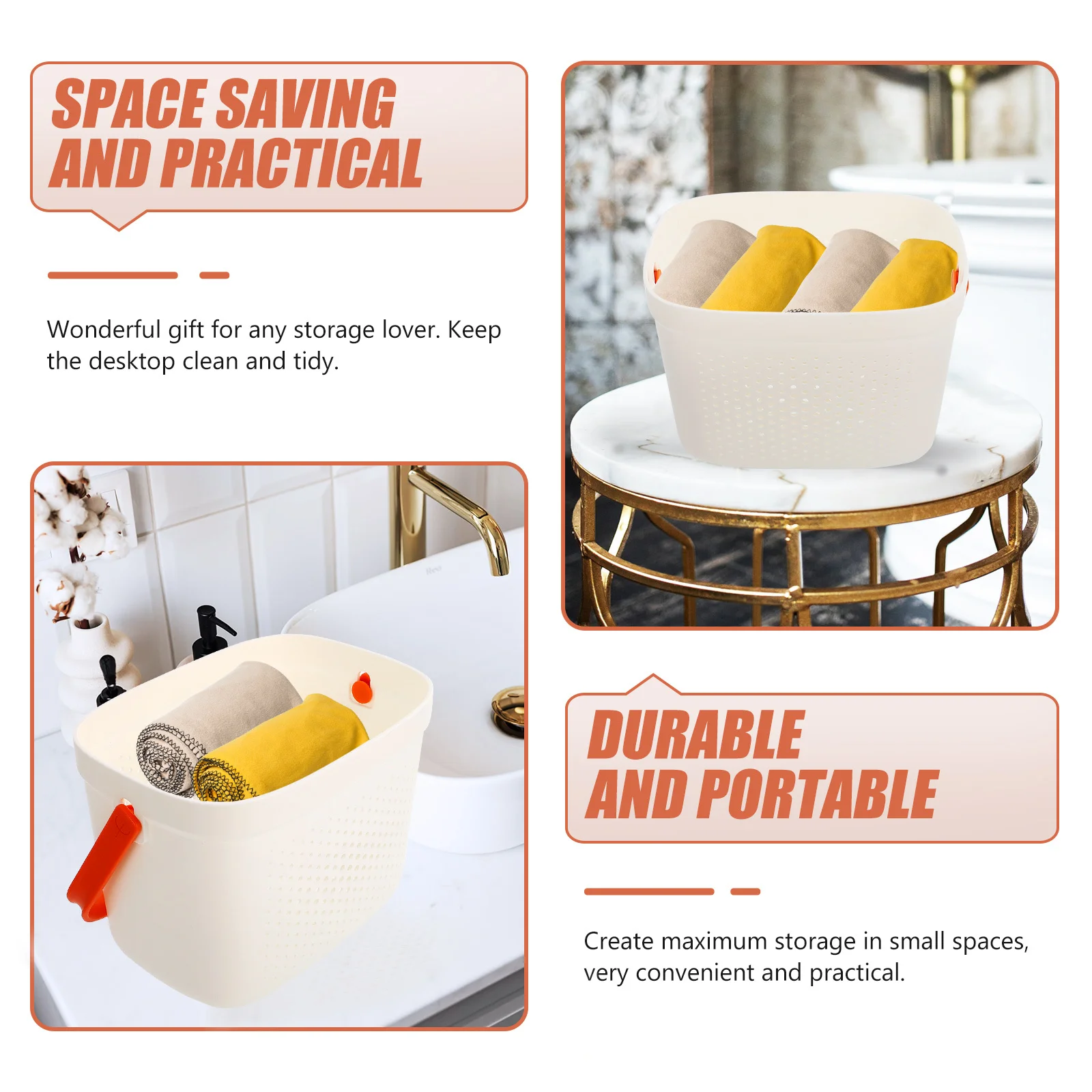 

Portable Bath Basket with Handle Heavy-Duty Sundry Storage Basket for Shower Bathroom Living Room Home Accessory Hollow-Out