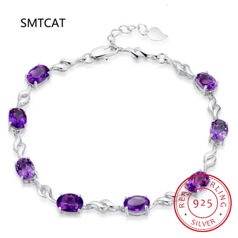 Oval Natural Amethyst 925 Sterling Silver Bracelet for Women Luxury Purple Gemstone Statement Jewelry Pulseiras De Prata