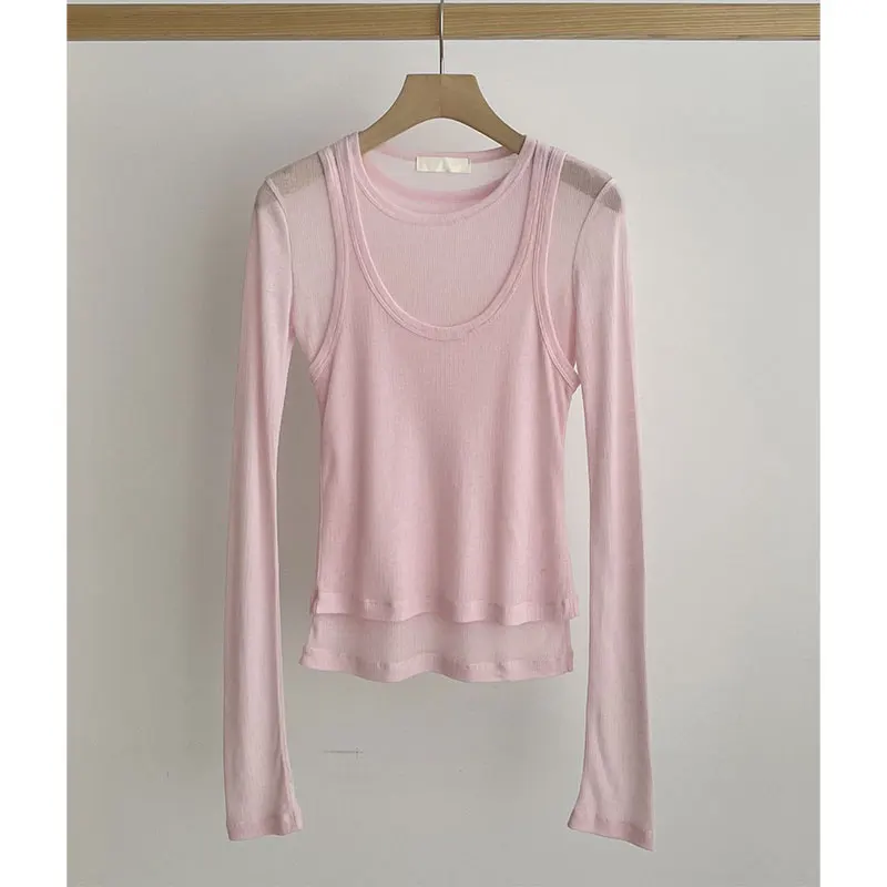 

Anti-Aging Pure Desire Dongda Gate 25 Autumn round Ne Color Layered Fake Two-Piece Long Sve T-irt Women