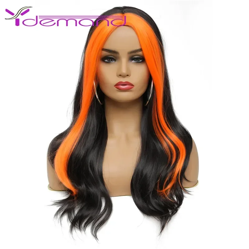 

Y Demand Long Neon Wig Body Wave Hair Lady Anime Cosplay Middle Part Synthetic Wig Black Yellow Natural Hairline Wig