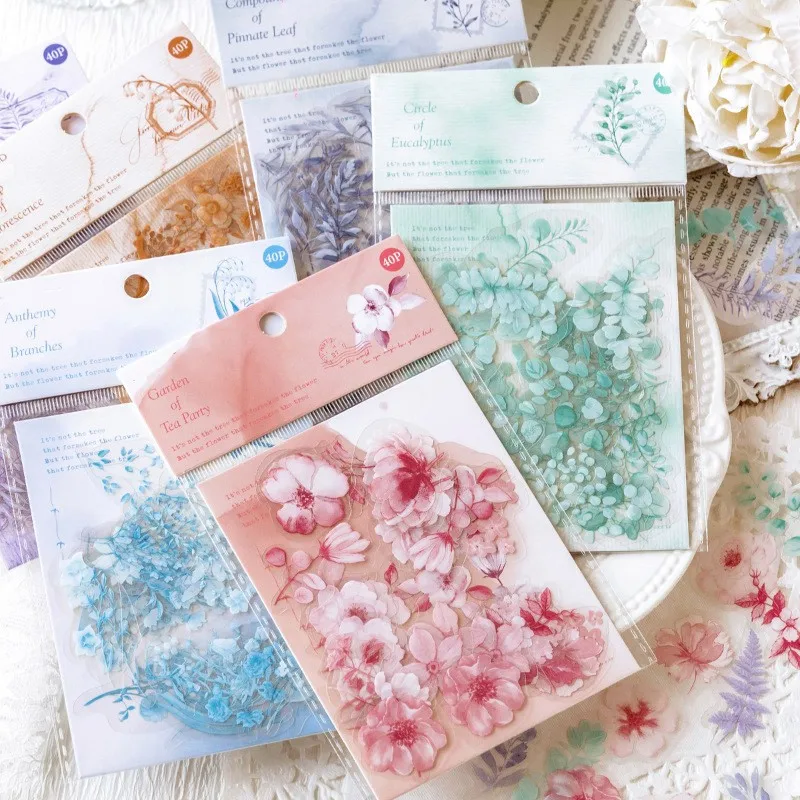 

40Pcs Vintage Flower Plant Scrapbooking Supplies PET Stickers DIY Junk Journal Collage Diary Card Decorate Materials Paster