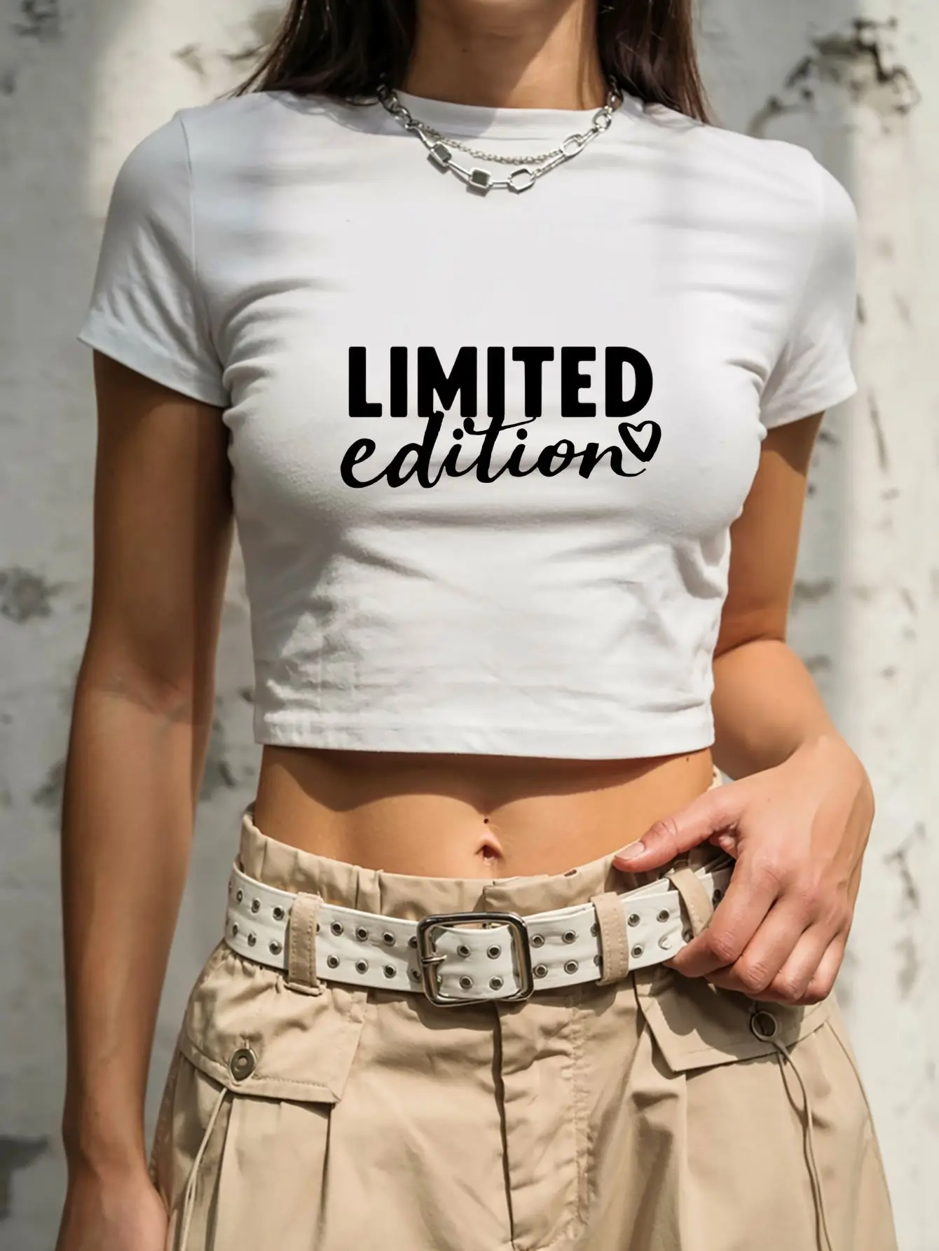

Polyester Tee with Geometric Print Casual Chic Style Spring Summer Fashion Women's Limited Edition Crop White Short Sleeve