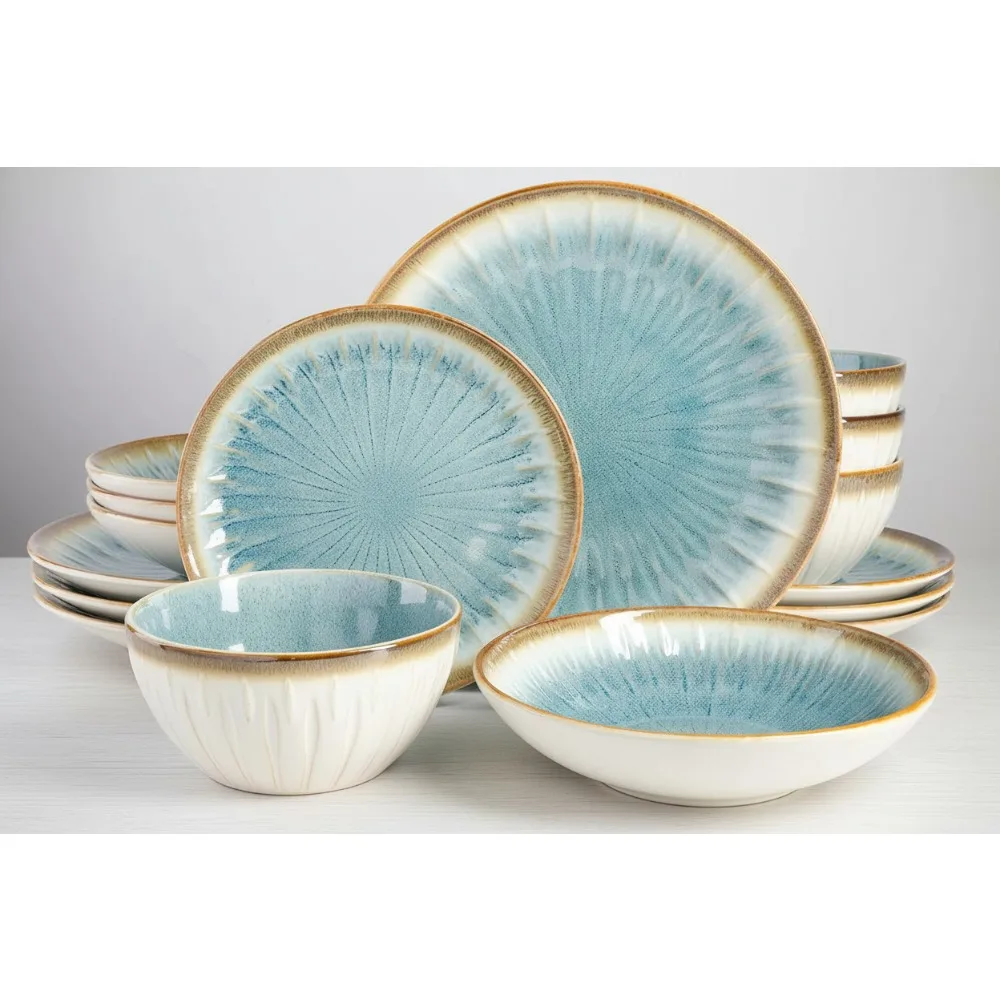 

Набор столовой посуды с двойной чашей и тиснением из 16 предметов, сервисный для 4 — синие каменные тарелки и миски для семейной столовой