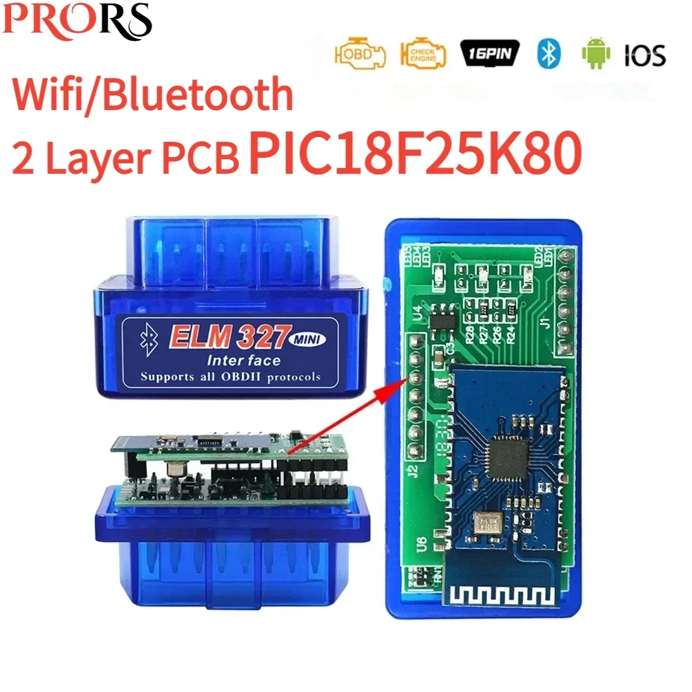 Nuevo ELM327 Bluetooth V1.5 con doble Pic18f25k80 WIFI ELM327 V1.5 OBD2 escáner herramienta desgnostica Universal herramienta Android IOS 35k80