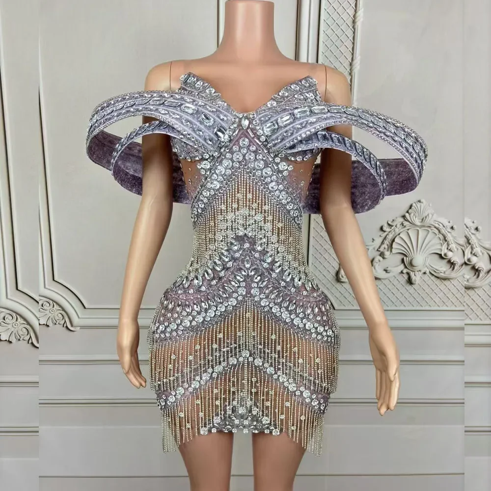 ทองเพชรสีดํา Rhinestones สั้นตาข่ายชุดผู้หญิงเซ็กซี่ฉลองชุดราตรีวันเกิด Party Photoshoot เครื่องแต่งกาย