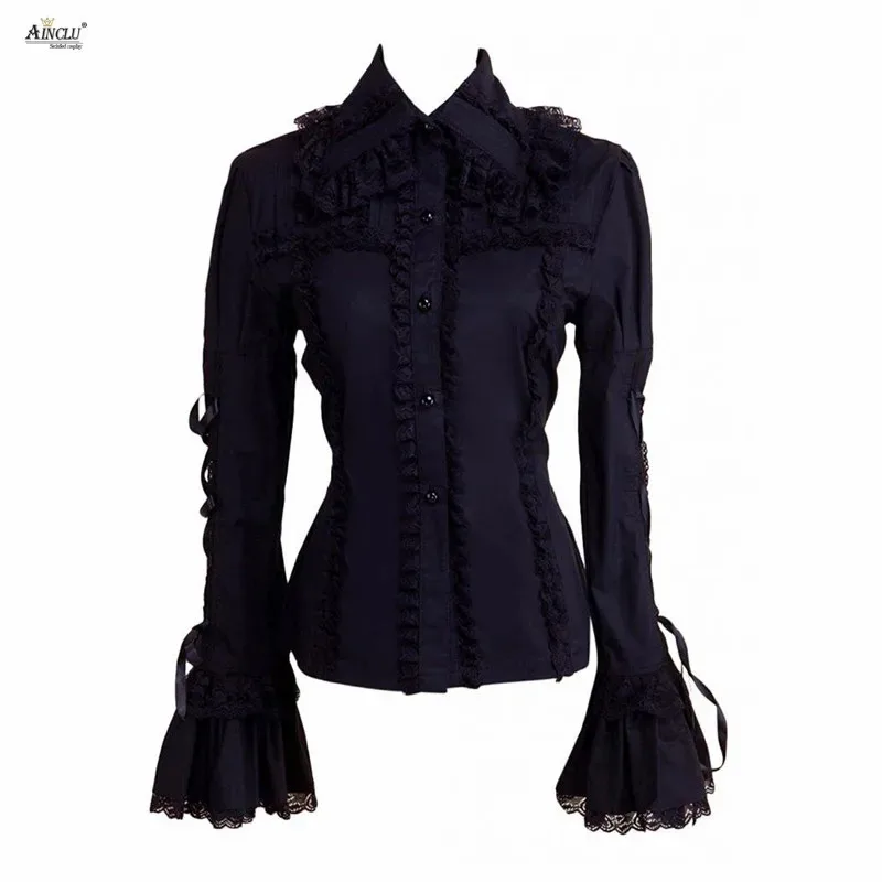 

Ainclu Womens Black Long Sleeves Cotton Gothic Rendering and Outer Wear Lolita Blouse With "UK and US Style For Casual/Party