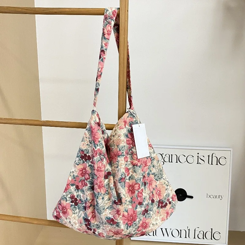 Trendy Fresh Floral Canvas Bag Leopard Print Corduroy Shoulder Bag Versatile Shopping Bag Bag for Women Shoulder Bag Women