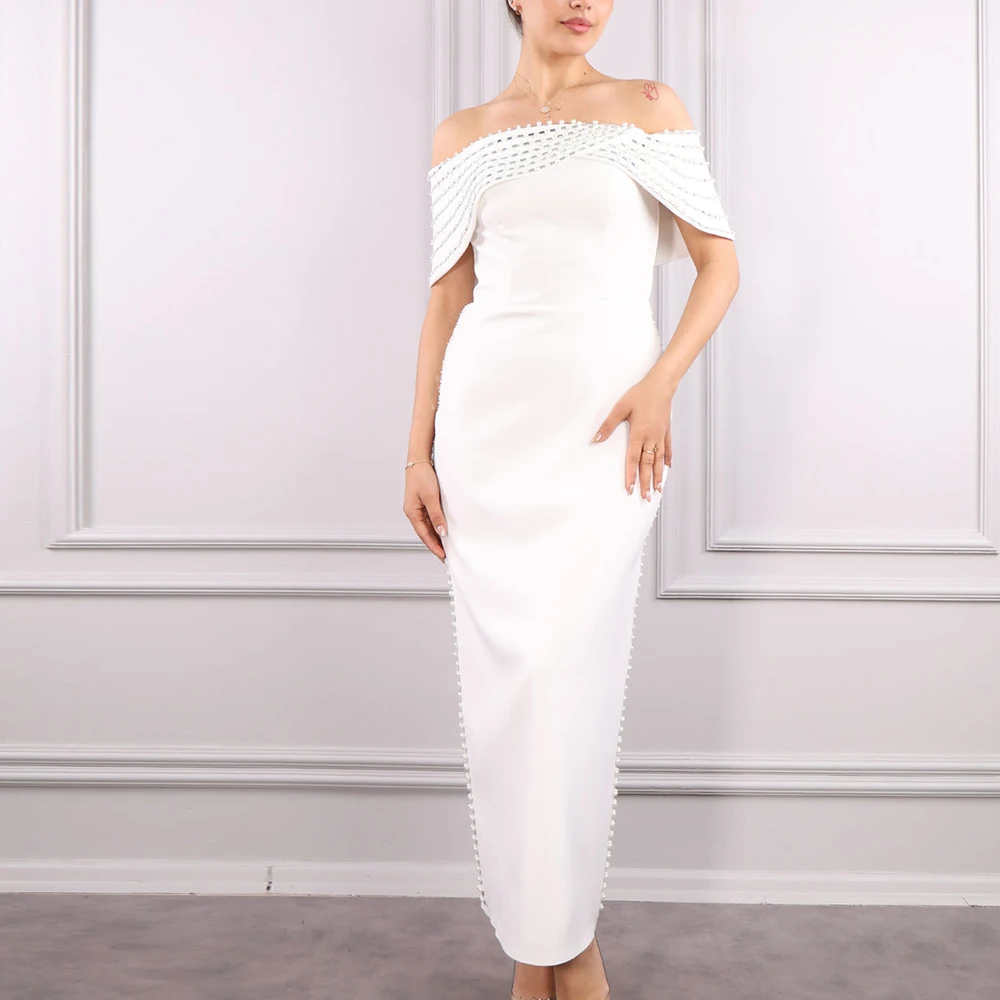 

Off the Shoulder Ankle Length Jersey Short Sleeves Straight Solid White Dubai Evening Caftan Dress Pleats Special Occasion Gowns