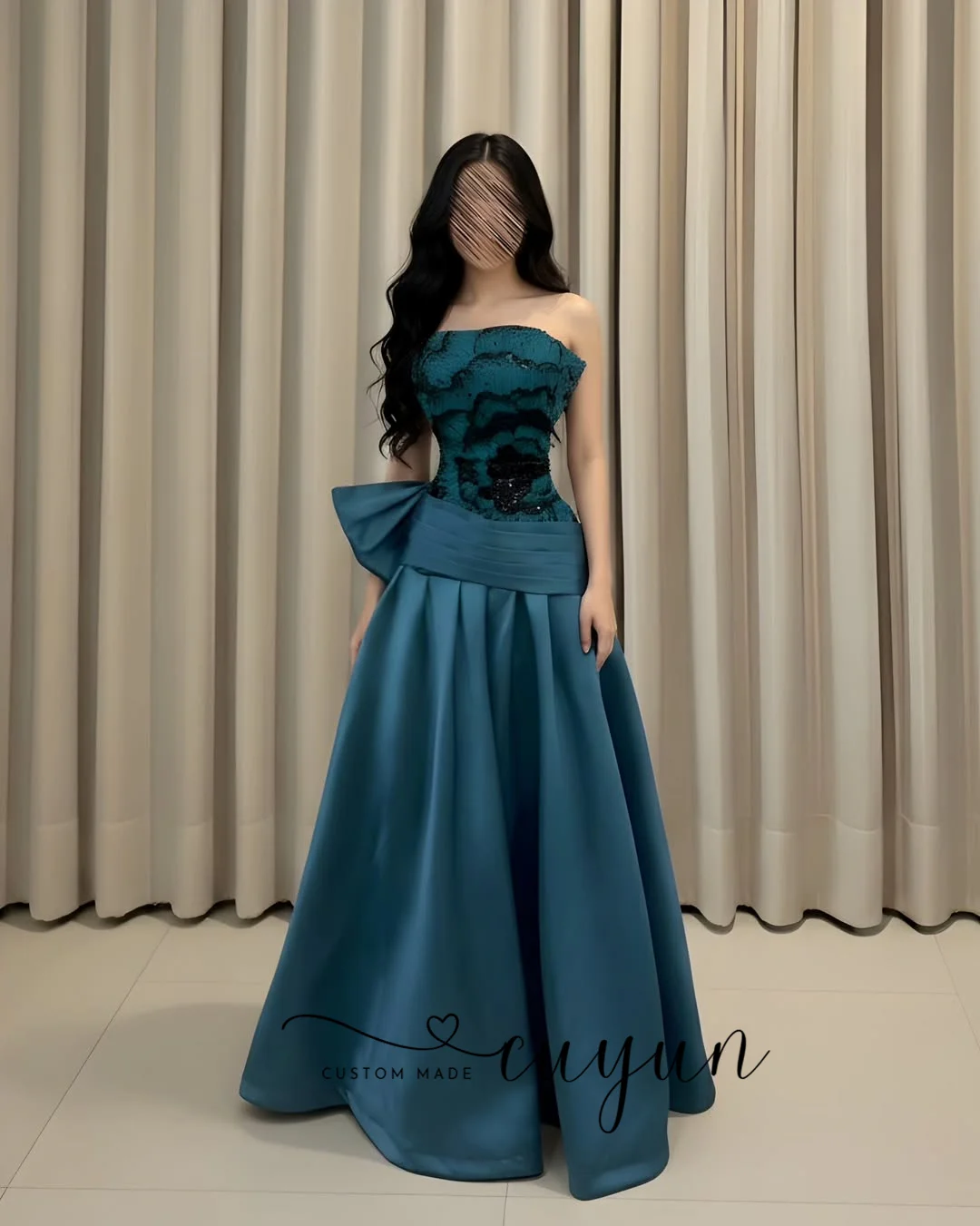 Cuyun personalizado saudita vestidos de baile sem alças floral renda até o chão vestido de festa uma linha cerceta arco drapeado vestido de noite