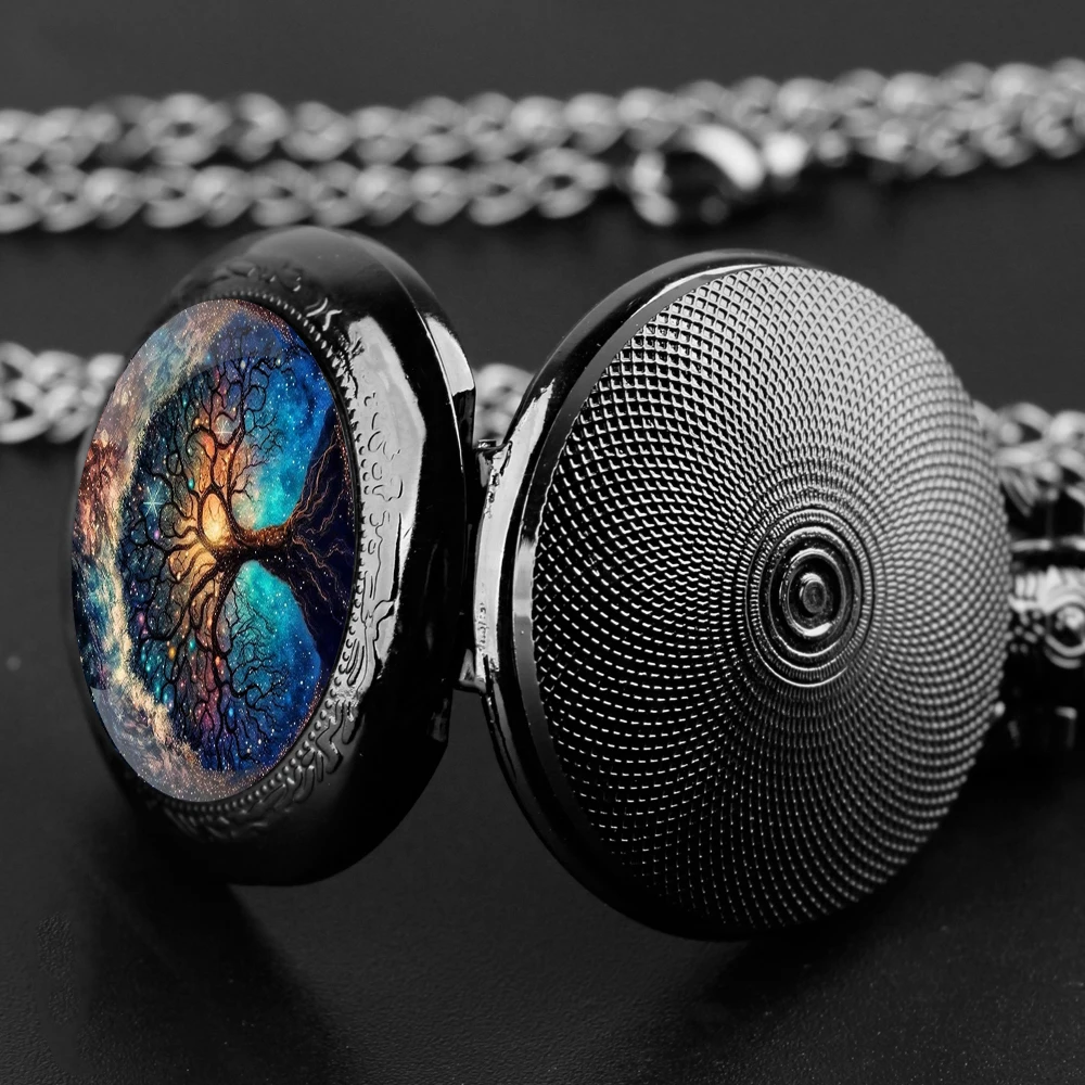 Tree of Life Design Glass Dome Pocket Watch with Chain Necklace Vintage Quartz Pendant Watches Mens Women Gifts for Kids