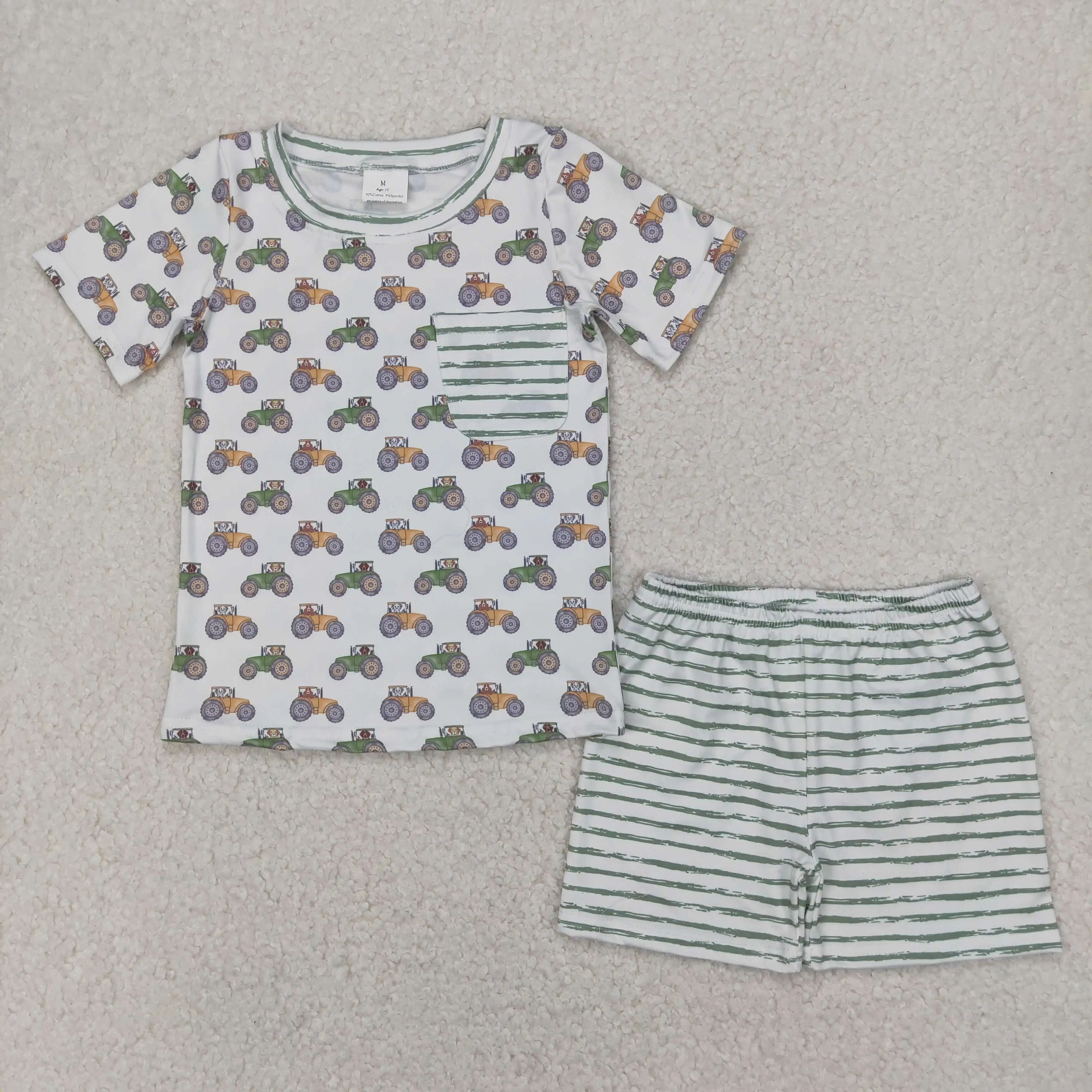 

Винтажный брючный костюм в полоску с принтом трактора в зеленую полоску для мальчиков 4,7 лет, штаны в полоску с короткими рукавами и принтом, детская одежда для мальчиков
