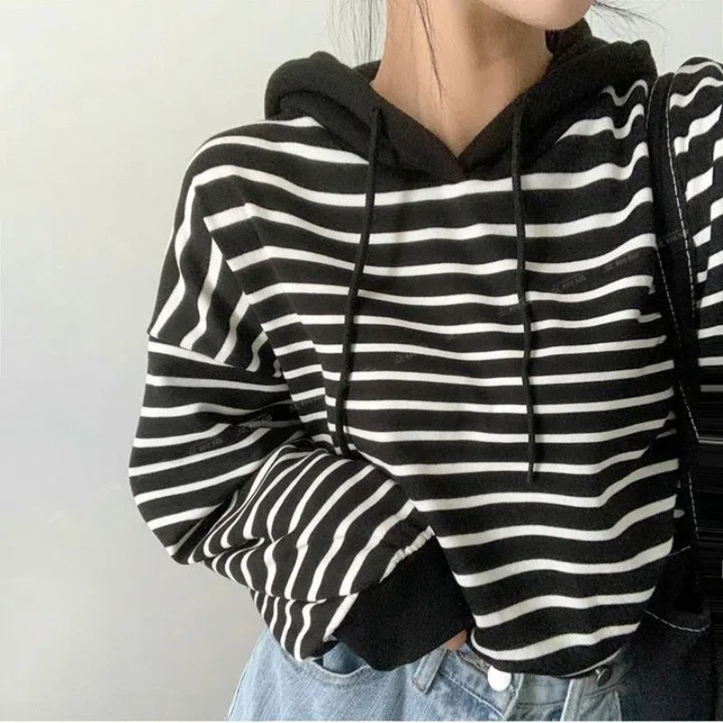 

High Street Hooded Sweatshirt Spring Autumn New Long Sleeve Striped Trend Short Pullovers Tops Fashion Korean Women Clothing