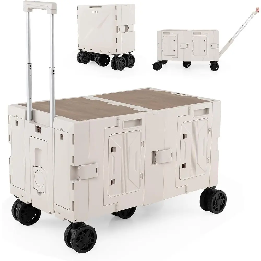 

Sturdy 2-Tier Utility Cart with 5 Swivel Wheels, Metal Handle, and Collapsible Design for Shopping, Camping, and Travel