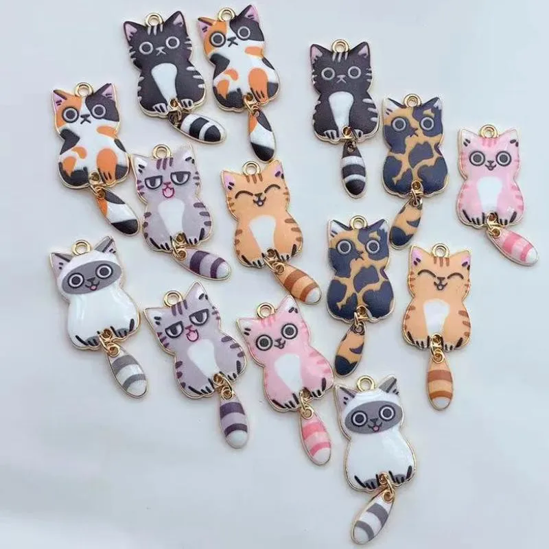 10PCs Multicolor Enamel Cat Charms Animal Cartoon Pendants Gold Color Metal DIY Bracelets Necklace Jewelry Making 3.9cm x 1.6cm