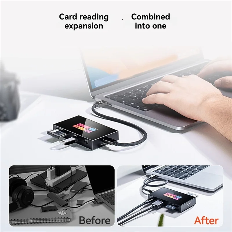 Hub inteligente A37T-8 en uno con pantalla táctil Cfexpress tipo A/tipo B 4K 120Hz pantalla 10Gbps 100W PD para cámaras/teléfonos