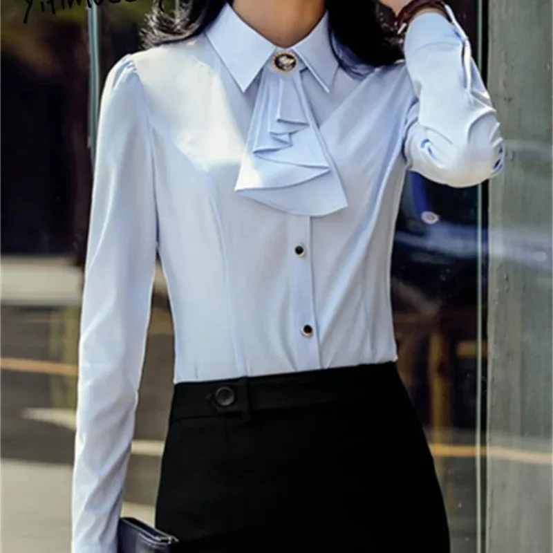 

2024 New Ties Blouse Women New Fashion Office Ladies Turn Down Collar Slim Shirts Chic Casual Long Sleeve Button relaxation Tops